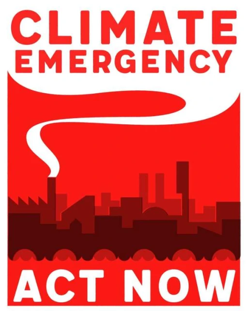 Climate emergency poster in red featuring a silhouetted city skyline with smoke rising from a factory, urging immediate action.