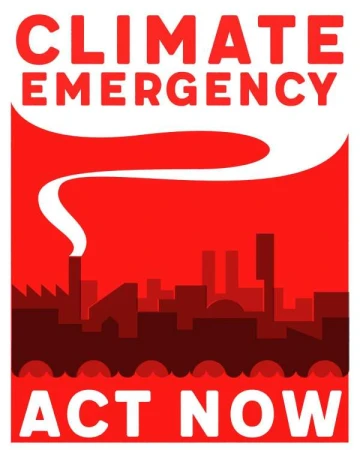 Climate emergency poster in red featuring a silhouetted city skyline with smoke rising from a factory, urging immediate action.