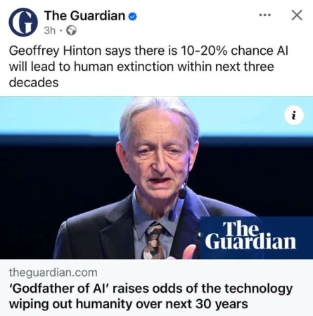 Portrait of Geoffrey Hinton, a cognitive psychologist and computer scientist, against a blue background during a speaking engagement.