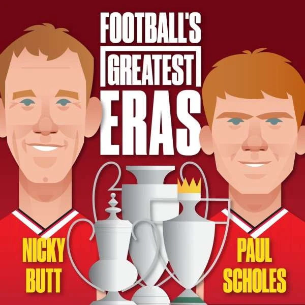 Illustration featuring soccer players Nicky Butt and Paul Scholes from Football's Greatest Eras, set against a maroon background.