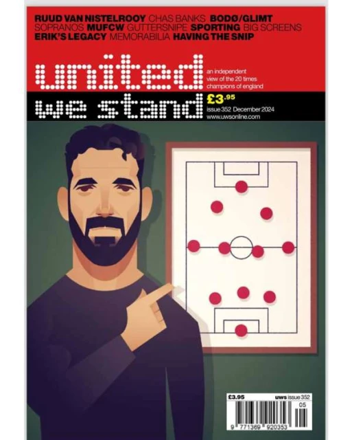 Magazine cover art of United We Stand shows a man pointing to a soccer field diagram in front of red and black text.