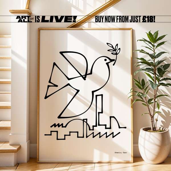 Framed black-and-white line art print featuring a dove with an olive branch over a city skyline, leaning against a wall with a potted plant.