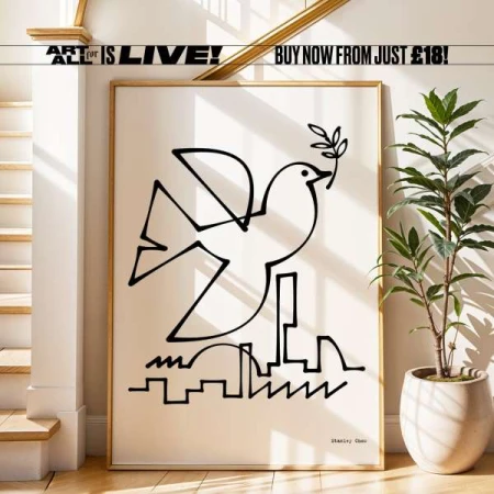 Framed black-and-white line art print featuring a dove with an olive branch over a city skyline, leaning against a wall with a potted plant.