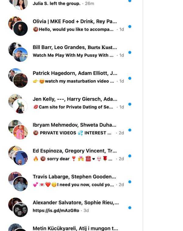 Screenshot of a messaging app with multiple user posts, profile pictures, usernames, timestamps, and short message previews.