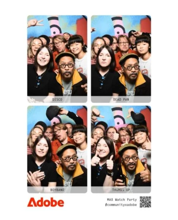Group of people posing in a photo booth with playful expressions, divided into four panels, promoting Adobe MAX Watch Party events.