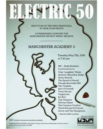 Event poster for Manchester Academy 3 concert featuring Electric 50, Bob Dylan, and fundraising for Manchester District Music Archive.
