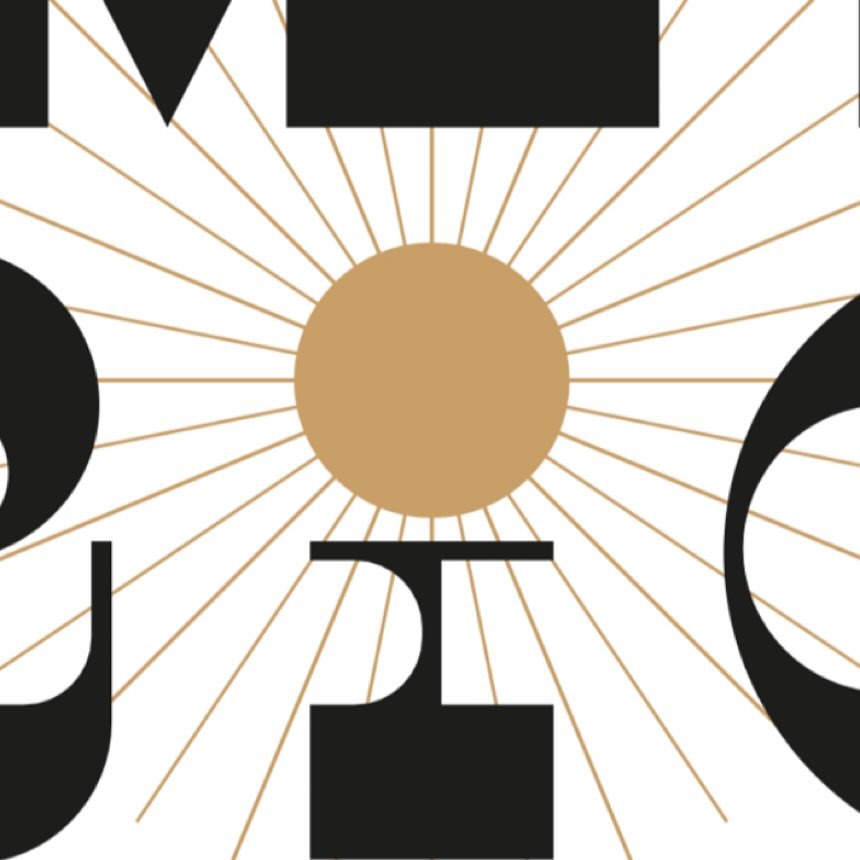 Geometric pattern art featuring black shapes, a golden circle with radiating lines, and a clean white background for modern aesthetic.