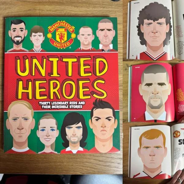 Book cover featuring illustrations of Manchester United football heroes in a colorful and cartoon style on a wooden surface.