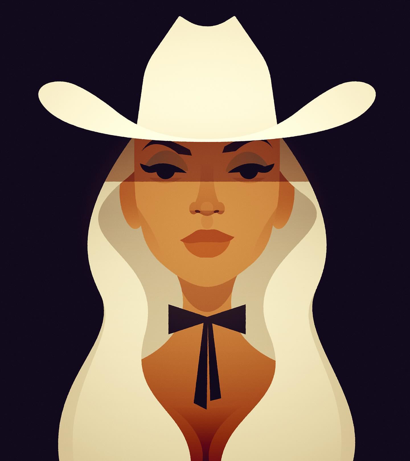 Illustration of a woman with tan skin wearing a cowboy hat and a bow tie against a dark background in a digital painting.