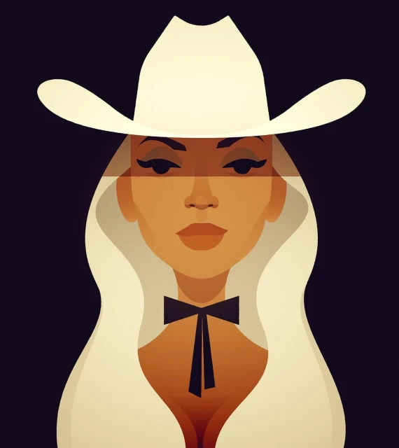 Illustration of a woman with tan skin wearing a cowboy hat and a bow tie against a dark background in a digital painting.