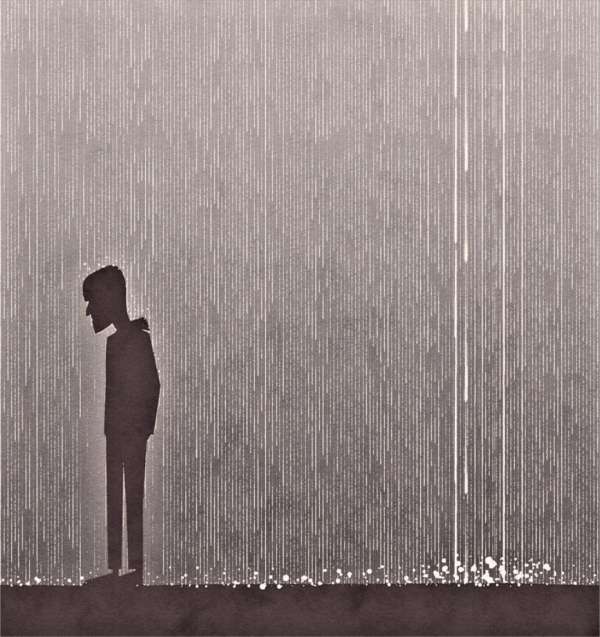 Illustration of a silhouetted man standing in the rain, depicted in shades of gray with a somber and melancholic mood.