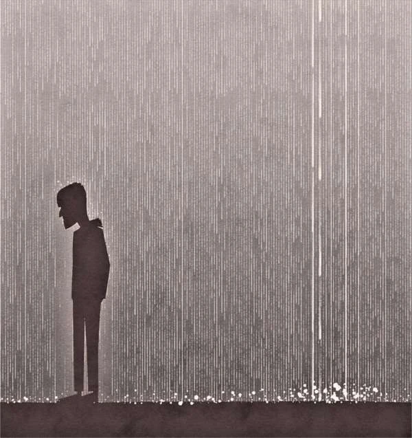 Illustration of a silhouetted man standing in the rain, depicted in shades of gray with a somber and melancholic mood.