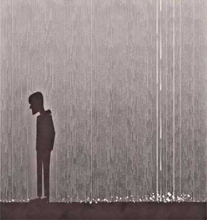 Illustration of a silhouetted man standing in the rain, depicted in shades of gray with a somber and melancholic mood.