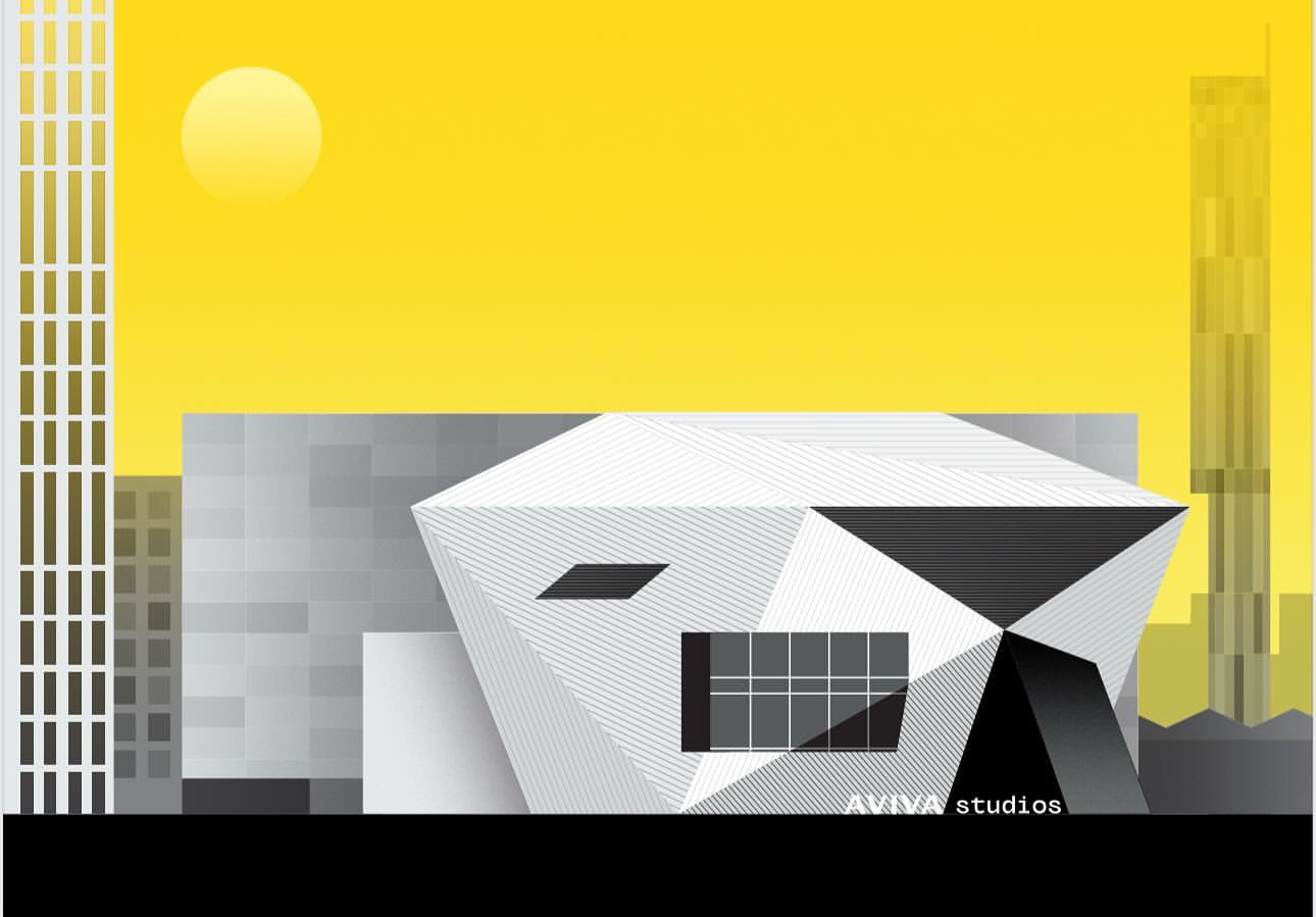 Illustration of a modern geometric building with surrounding high-rise cityscape and yellow sky and sun, architectural presentation.