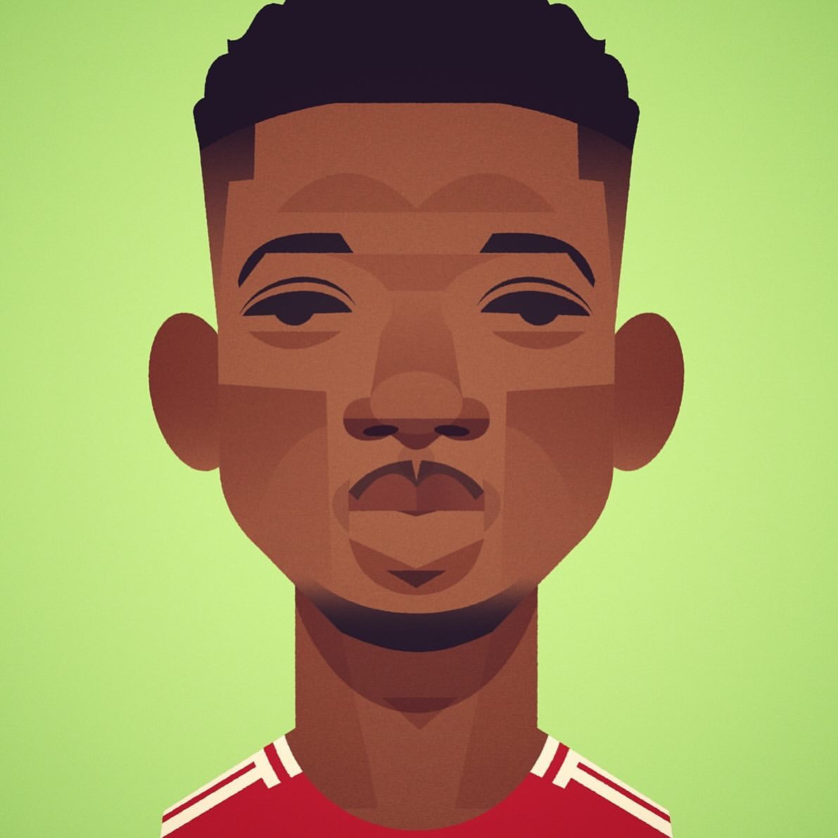 Illustration of an adult male with dark hair against a light green background, showcasing a geometric art style.