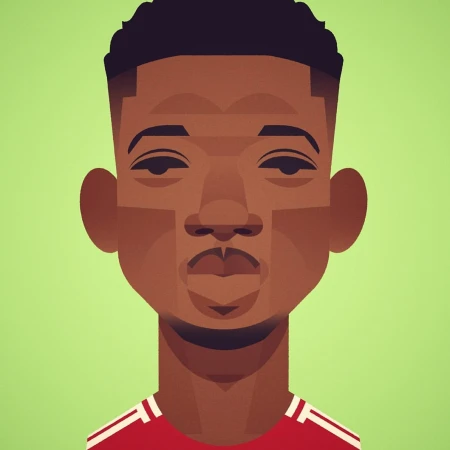 Illustration of an adult male with dark hair against a light green background, showcasing a geometric art style.