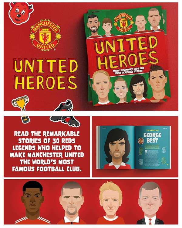 Illustration of a Manchester United heroes book, featuring cartoon portraits of players, set against a red background with team logos and text.
