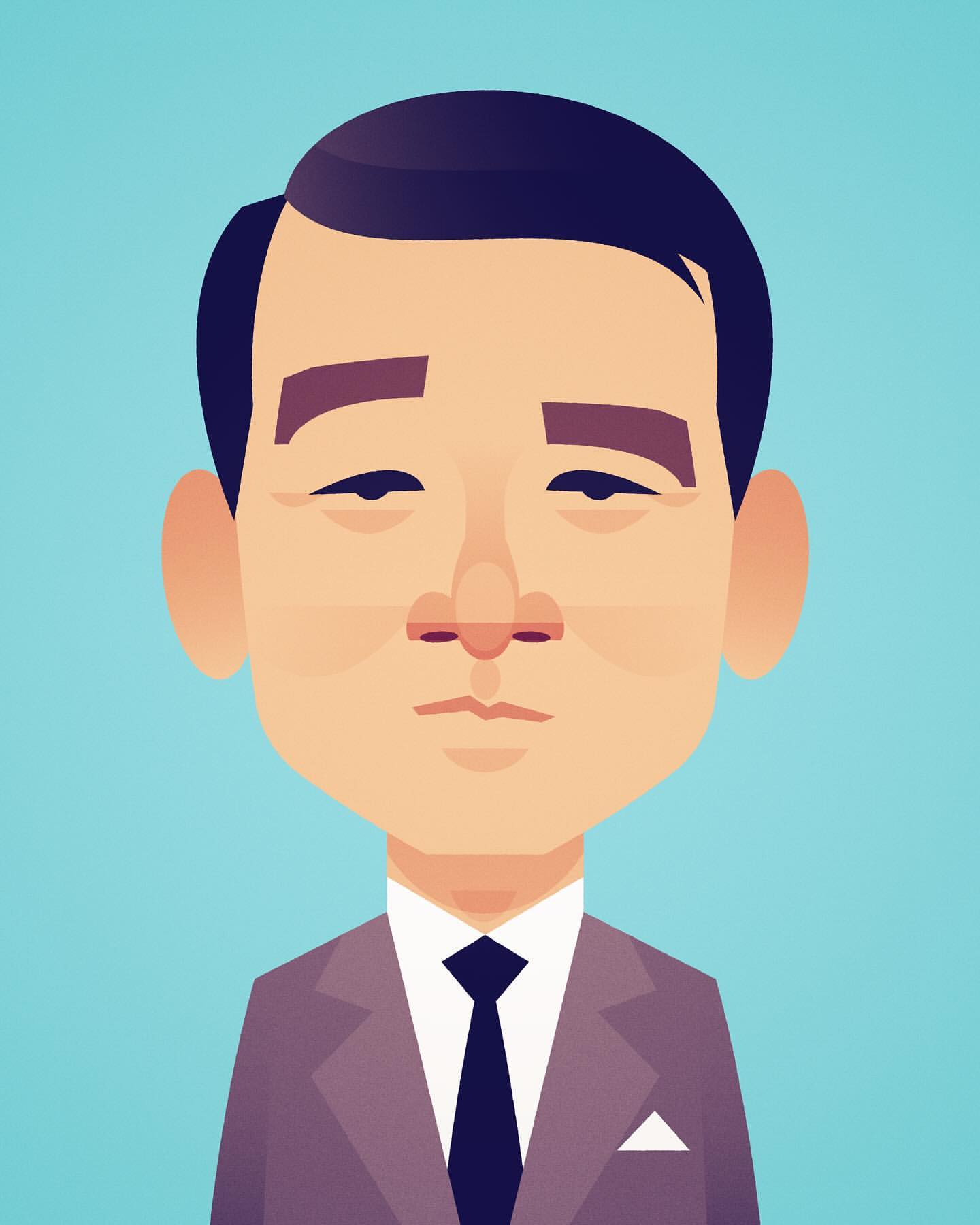 Illustration of a man wearing a suit with a tie. The artwork features a clean design and flat colors on an aqua background.
