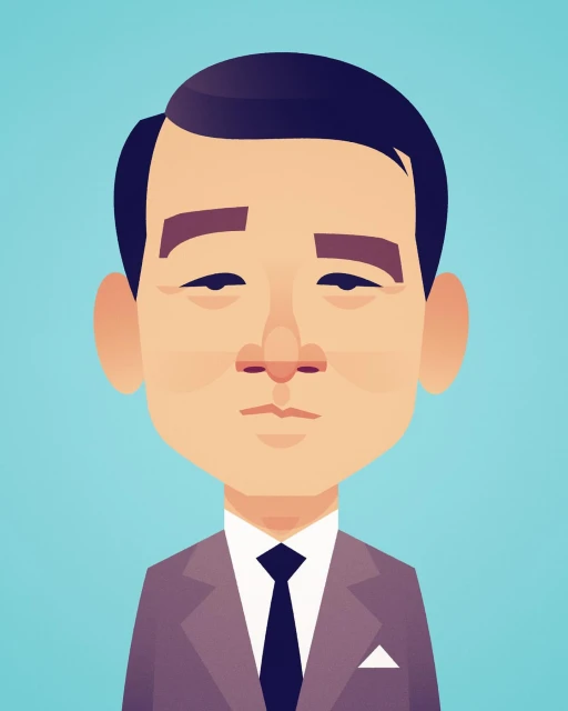 Illustration of a man wearing a suit with a tie. The artwork features a clean design and flat colors on an aqua background.