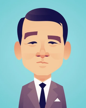 Illustration of a man wearing a suit with a tie. The artwork features a clean design and flat colors on an aqua background.