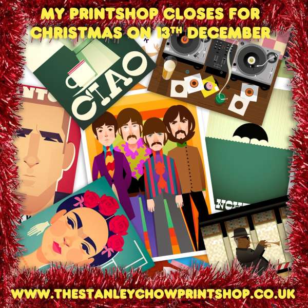 Collage of vintage-style prints and posters featuring the Beatles, Frida Kahlo, and jazz musicians, framed by festive Christmas tinsel.