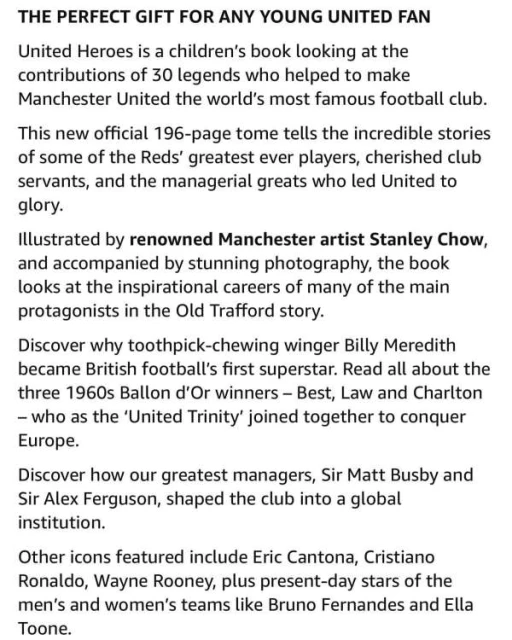 Text excerpt about the children's book 'United Heroes', spotlighting Manchester United legends and artists Stanley Chow's illustrations.