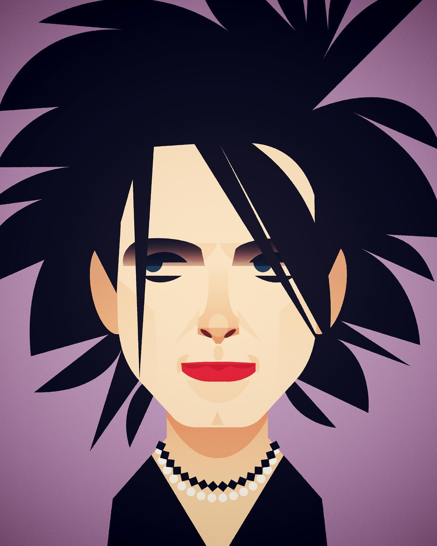 Stylized vector illustration of a person with spiky black hair, red lipstick, and a pearl necklace against a lavender background.