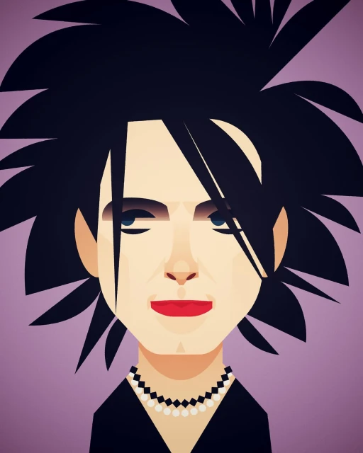 Stylized vector illustration of a person with spiky black hair, red lipstick, and a pearl necklace against a lavender background.