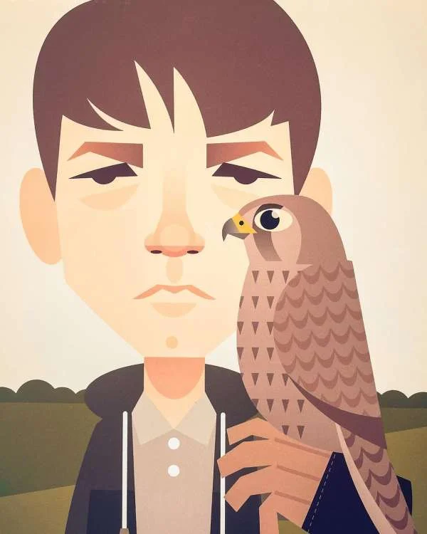 Digital illustration portrait of a man holding a falcon on his hand against a simple landscape background by Stan Chow.