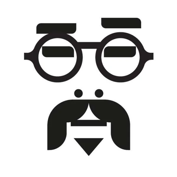 Minimalist black and white vector illustration of a man face with glasses, thick eyebrows, and a mustache by Stan Chow.