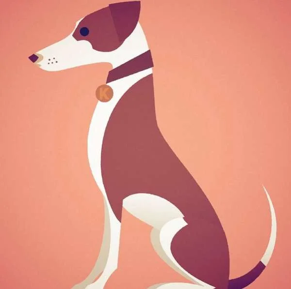 Digital illustration of a stylized dog in profile wearing a collar with a round tag against a solid peach background.