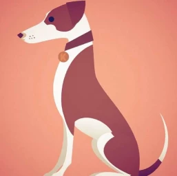 Digital illustration of a stylized dog in profile wearing a collar with a round tag against a solid peach background.