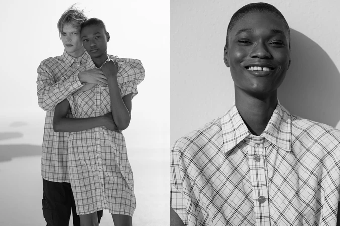Black and white editorial diptych of two models wearing matching plaid shirts in Athens styled by Sandy Karagianni.