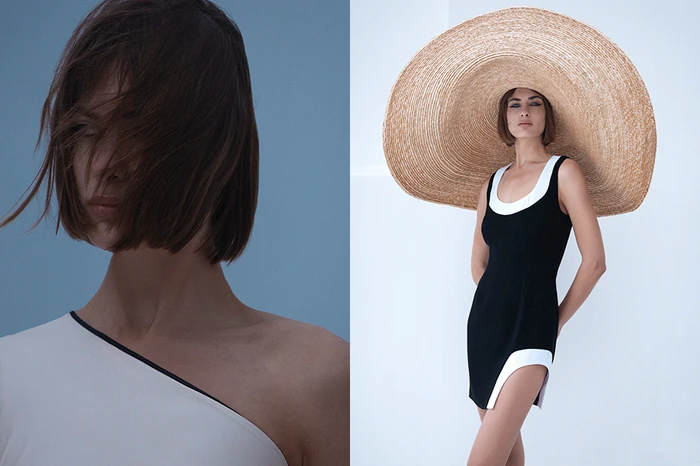 Diptych fashion editorial featuring a close-up portrait with hair across the face and a full-length shot wearing a wide straw hat and black dress