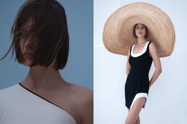 Diptych fashion editorial featuring a close-up portrait with hair across the face and a full-length shot wearing a wide straw hat and black dress