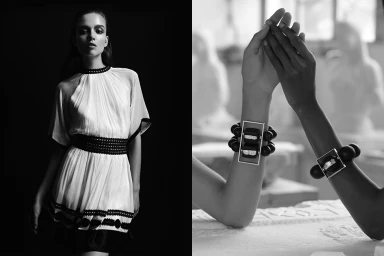 Monochrome diptych showing a woman wearing a white pleated dress with black trim, and a close-up of arms wearing statement cuffs