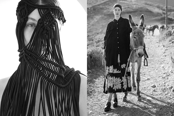 Model wearing a heavy black macrame fringe face veil in a striking close-up portrait styled by Sandy Karagianni