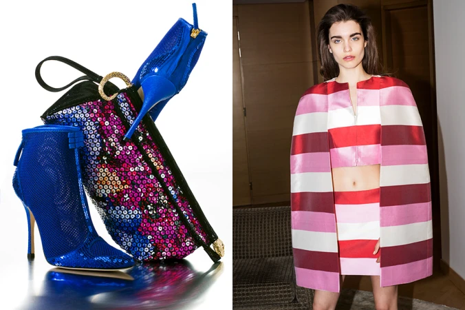 Split view showing vibrant blue sequined boots and handbag on left, and model in striped red and white outfit on right.