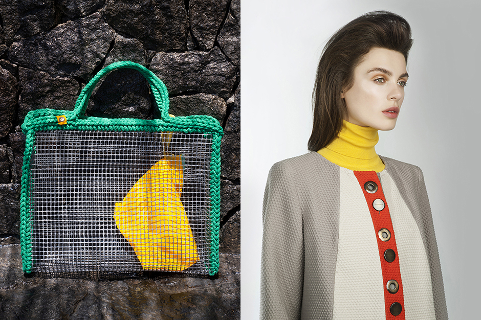 Diptyque split composition featuring a green crocheted mesh tote bag on stone and a woman in a grey coat