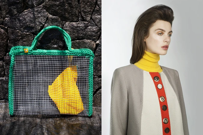 Diptyque split composition featuring a green crocheted mesh tote bag on stone and a woman in a grey coat