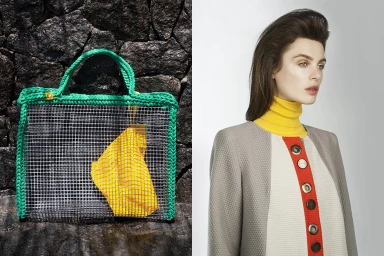 Diptyque split composition featuring a green crocheted mesh tote bag on stone and a woman in a grey coat