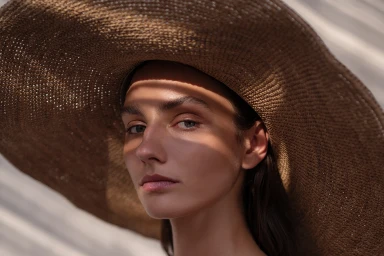 Close-up portrait of a woman wearing a large brown woven sun hat with striking diagonal shadows cast across her face.