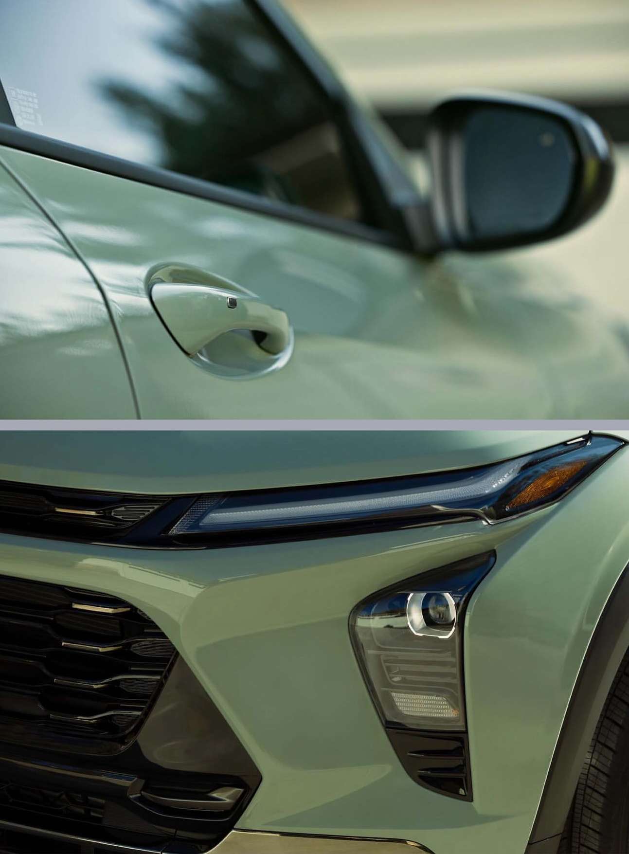 Close-up of a light green Chevrolet Trax, showcasing the front headlight, door handle, and side mirror of the car's exterior.