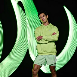 Man wearing a lime green hoodie and athletic shorts posing against a background of bright green light trails.