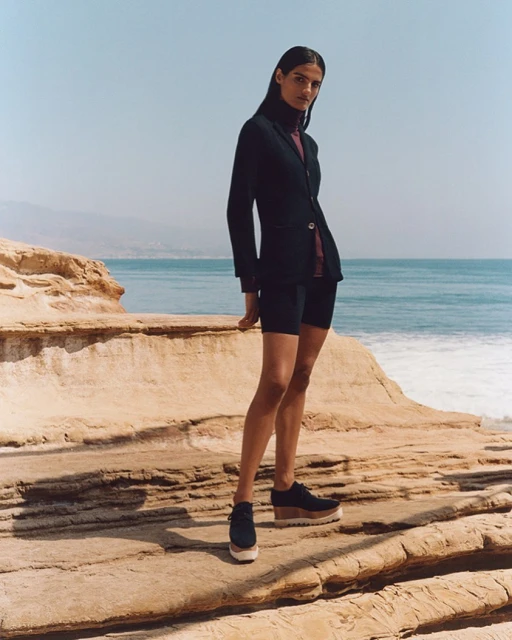 Fashionable adult woman in a black blazer and bike shorts poses on rocks near the ocean on a sunny day, showcasing modern style.