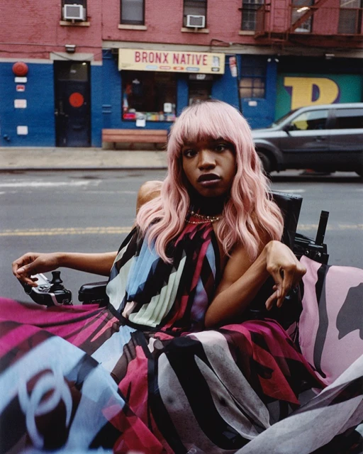 A stylish woman in a wheelchair sits in a city street with a blue and red building in the background, bathed in natural light.