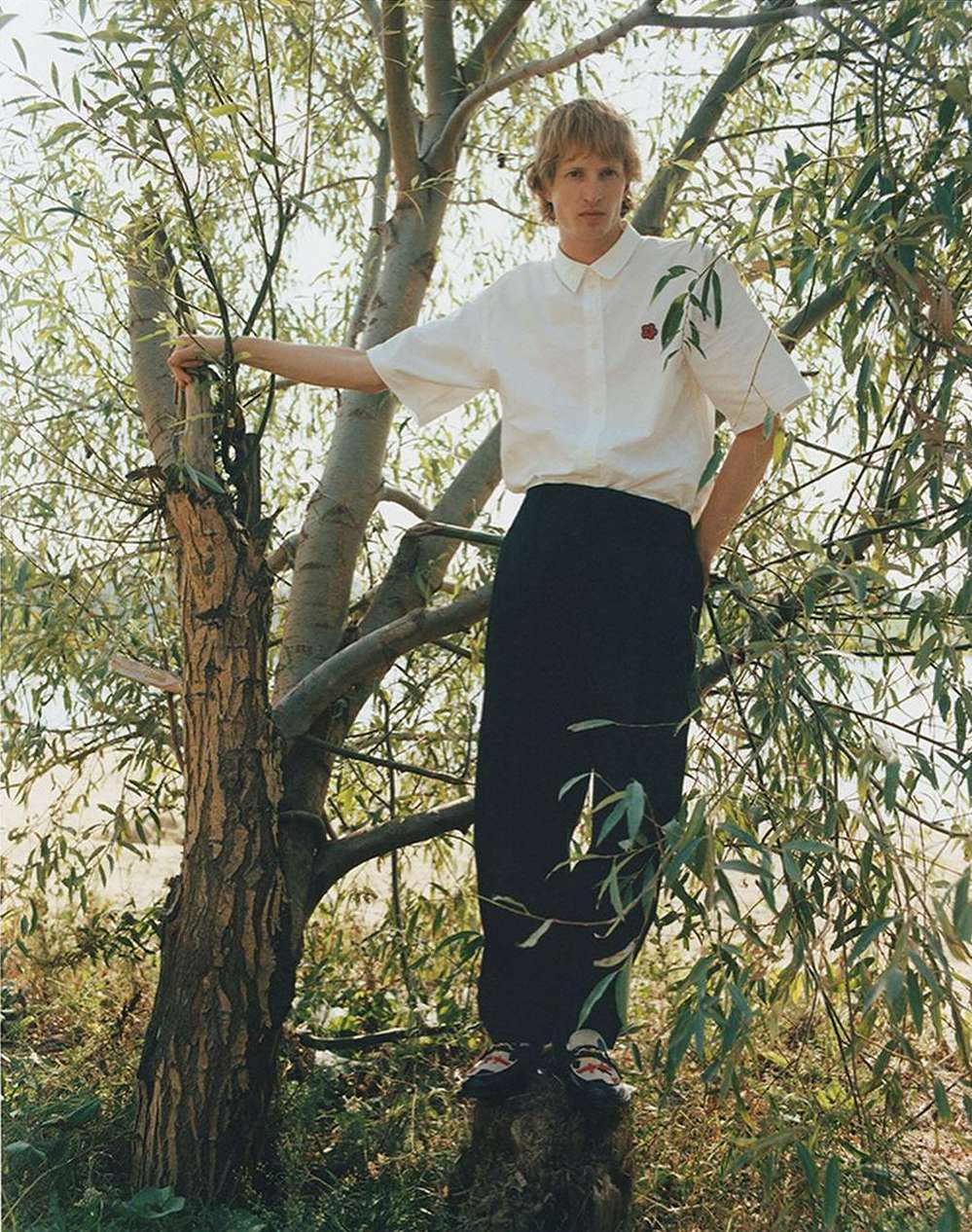 A blond-haired model wearing a white short-sleeved shirt and black pants stands atop a tree stump in a lush, sunlit forest setting.