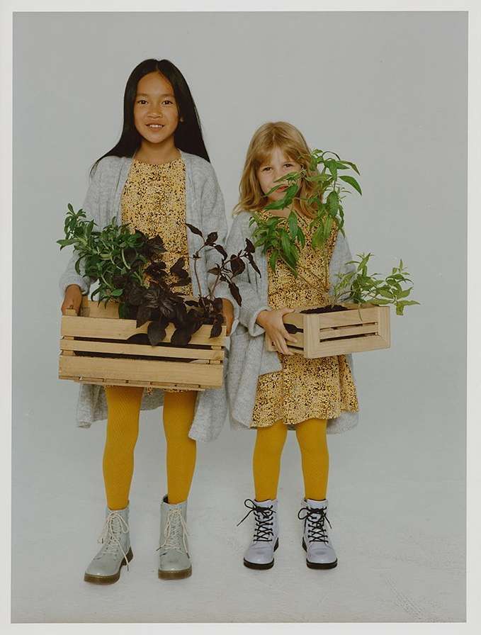 Two young girls in matching dresses and yellow tights holding wooden crates with plants in a photo studio setting with a soft light.