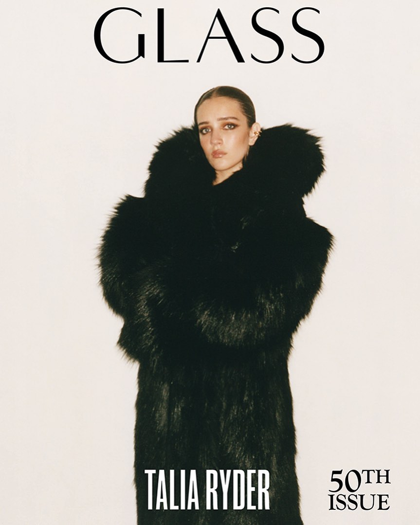 Magazine cover featuring Talia Ryder in a black fur coat against a light backdrop with 'GLASS' and '50th ISSUE' text.