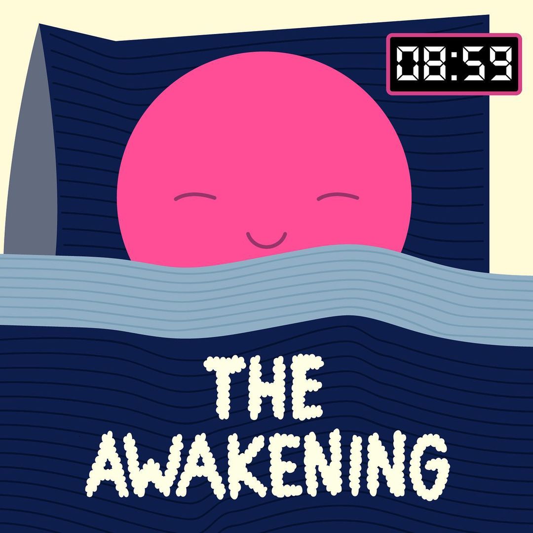 Animated image of a pink cartoon face sleeping in a dark blue bed, featuring an alarm clock showing 08:59 in the upper right corner.